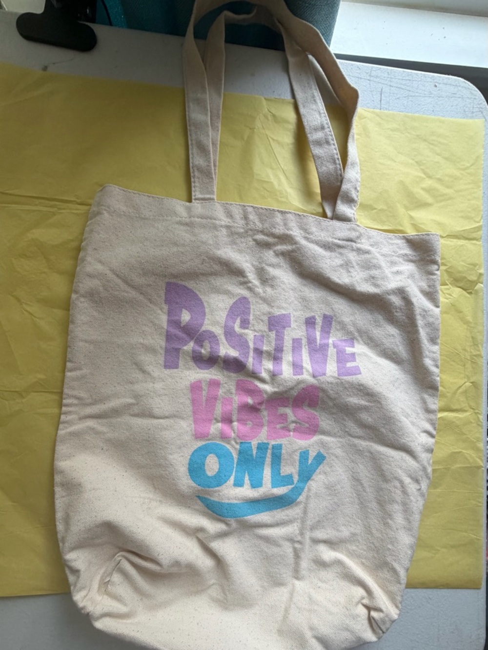 Canvas Tote Bag - Positive Vibes Only - Cream with Purple Pink Blue Print